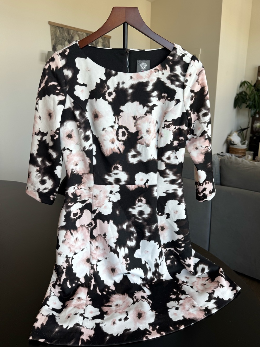 Vince Camuto - Floral Print Black and Blush Fit-&-Flare Dress - 8